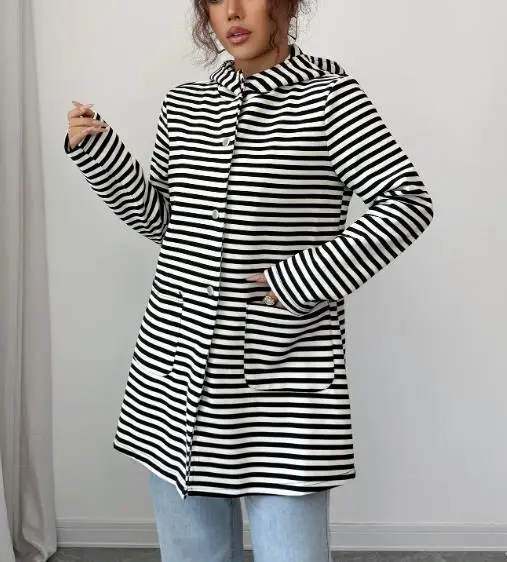 

Women's Clothing 2025 Autumn and Winter Leisure Vacation Striped Long Sleeved Trench Coat Fashionable Retro Casual Coat