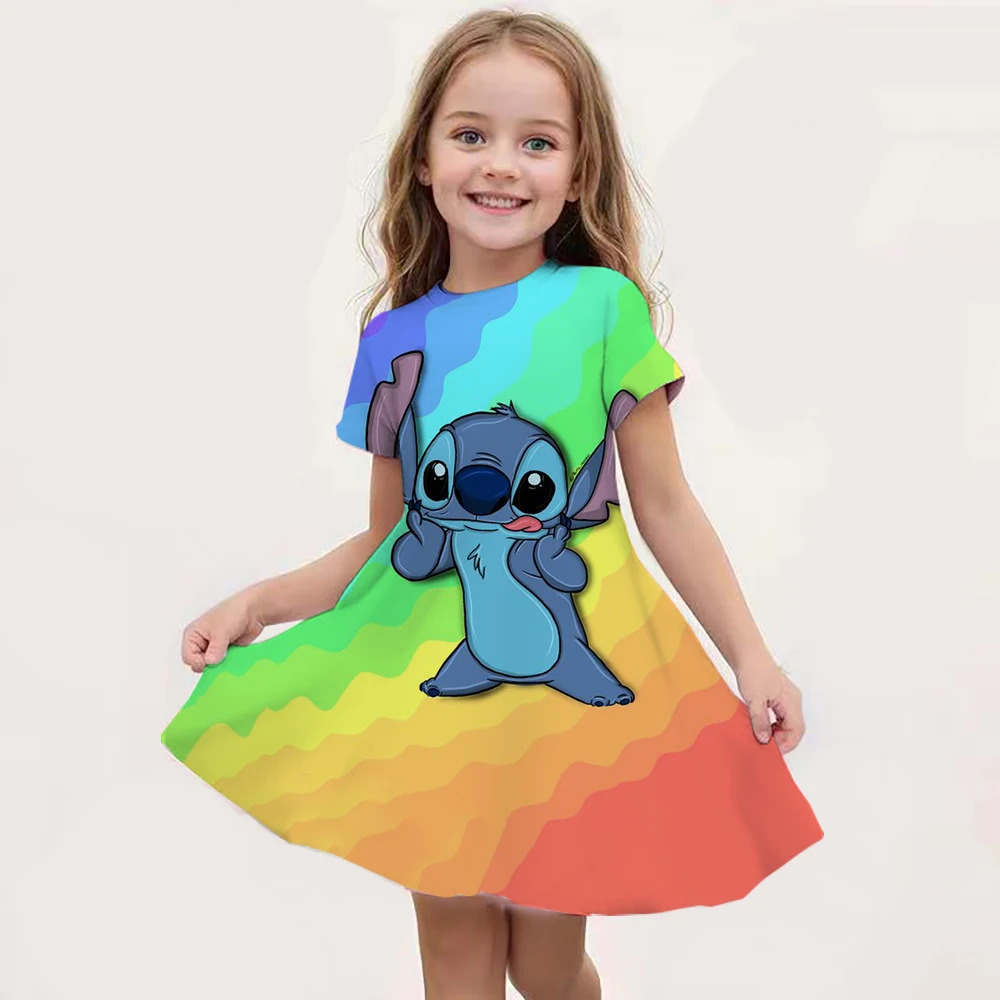 2024 Mädchen Stich Kleider Prinzessin Kinder kleidung Cartoon Stich Druck Sommer Mode Baby Stich Kleid 3-14y