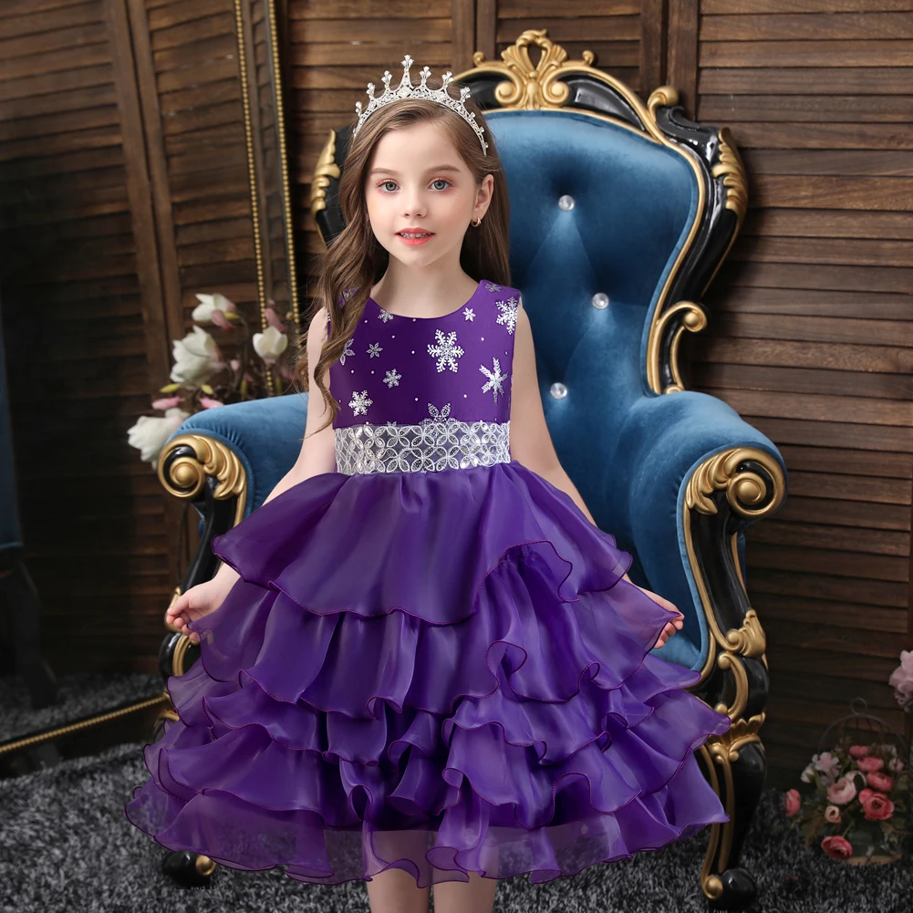 Purple girl fluffy mesh sequin cake dress sleeveless Kids party dress  for 2 to 10 years child holiday clothing