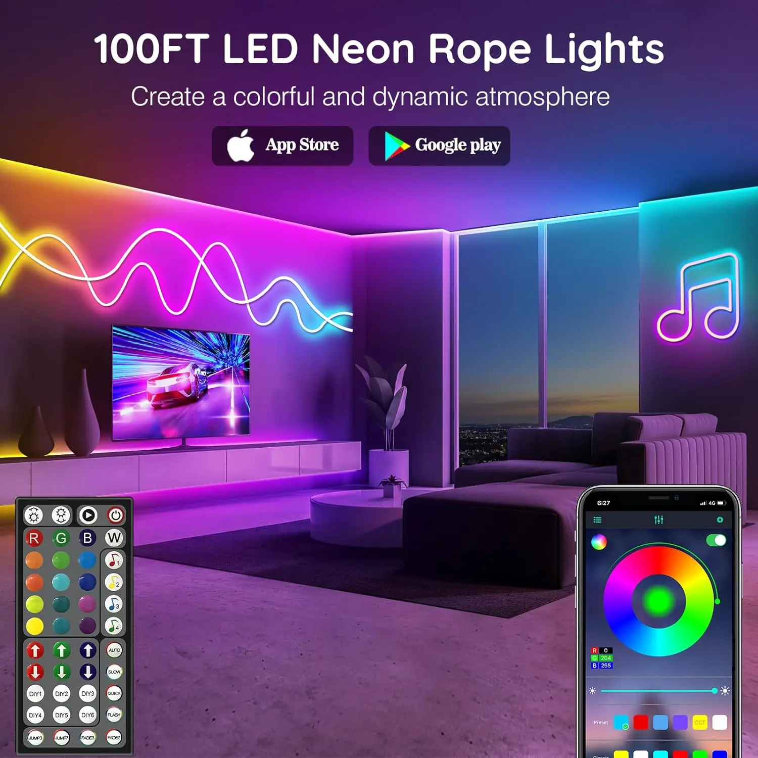 Neon Rope Lights,Flexible Led Rope Lights Control with App/Remote,Multiple Modes Rope Lights,IP65 Outdoor RGB Led Neon Lights Wa