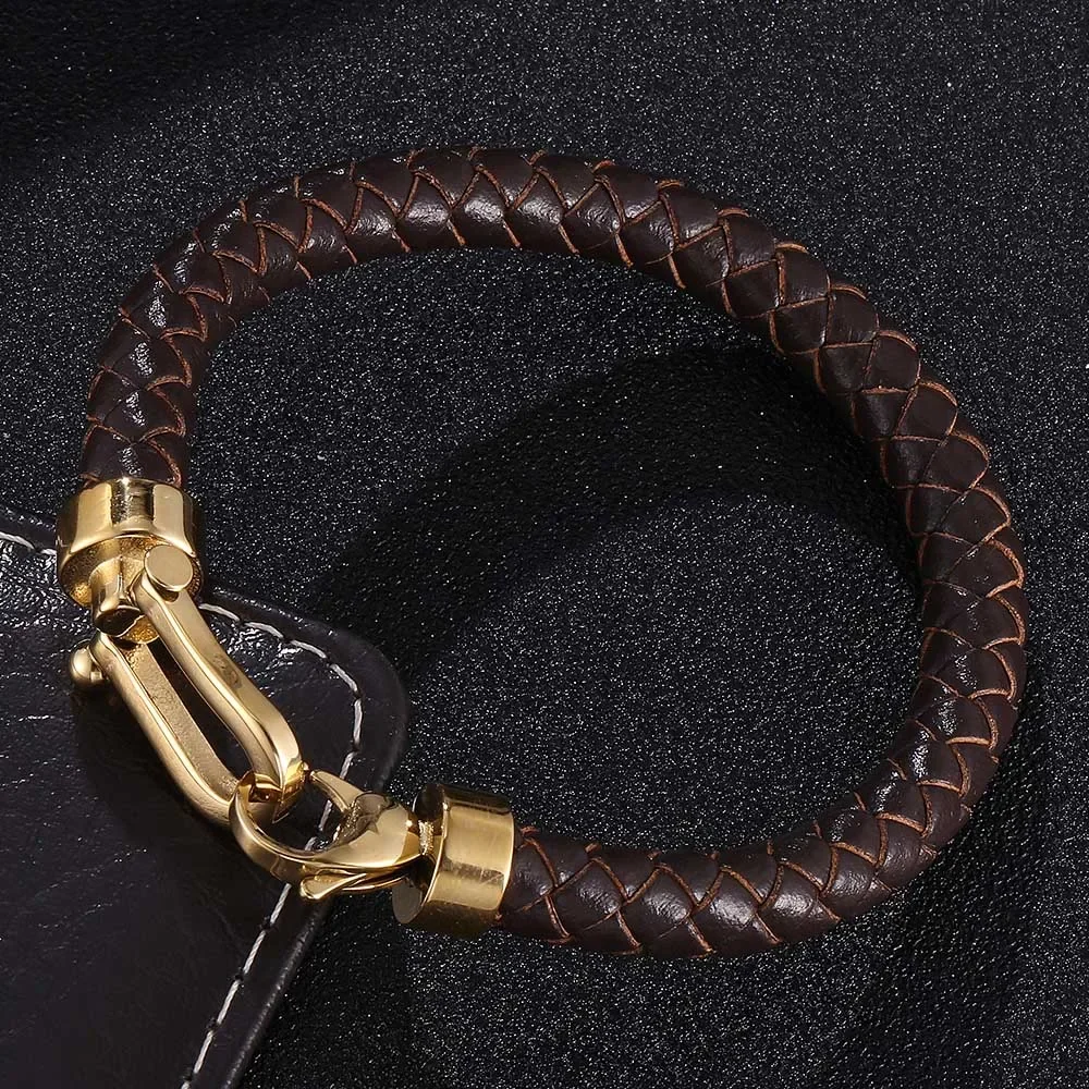 Pulseira masculina trançada de couro genuíno, cor dourada, aço inoxidável, ferradura, fecho lagosta, joias masculinas artesanais bb0760