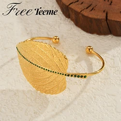 Freetime Luxury Green Stone Leaf Shaped Bangle Gold Color Stainless Steel Open Bracelet Jewelry Accessories for Women Wholesale
