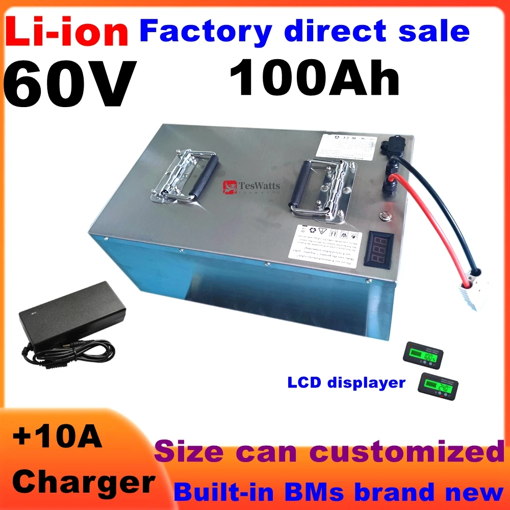 Waterproof 60V 100Ah Li-ion battery with BMS for scooter Forklift sweeper Sightseeing car AGV + 10A charger