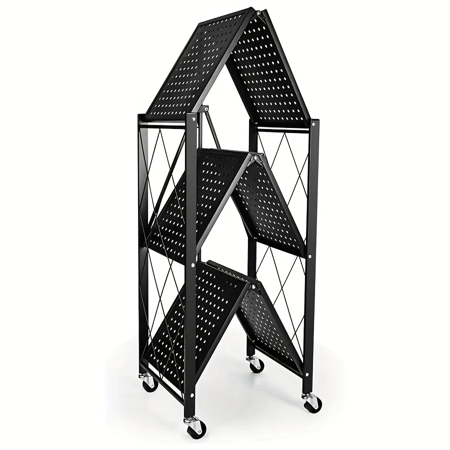 

us3-Layer Foldable Storage Rack with Wheels | High Load-bearing Capacity, Suitable for Garage and Kitchen Use, Black Iron Shelving Unit, Practical and Multipurpose, Utility Racksd