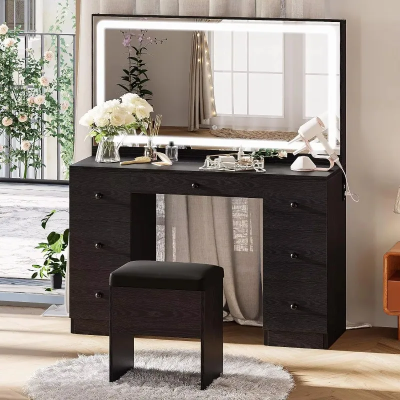 OEM ODM MDF Multi Layer Storage Cabinet for Studio Multifunctional Makeup Stand Touching Lamp Dressing Table with Led Mirror