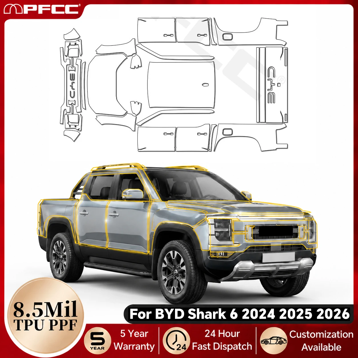 8.5Mil TPU Paint Protection Film For BYD Shark 6 2024 2025 2026 Full Car Pre-cut PPF Anti-Scratch Clear Cover Auto Accessories