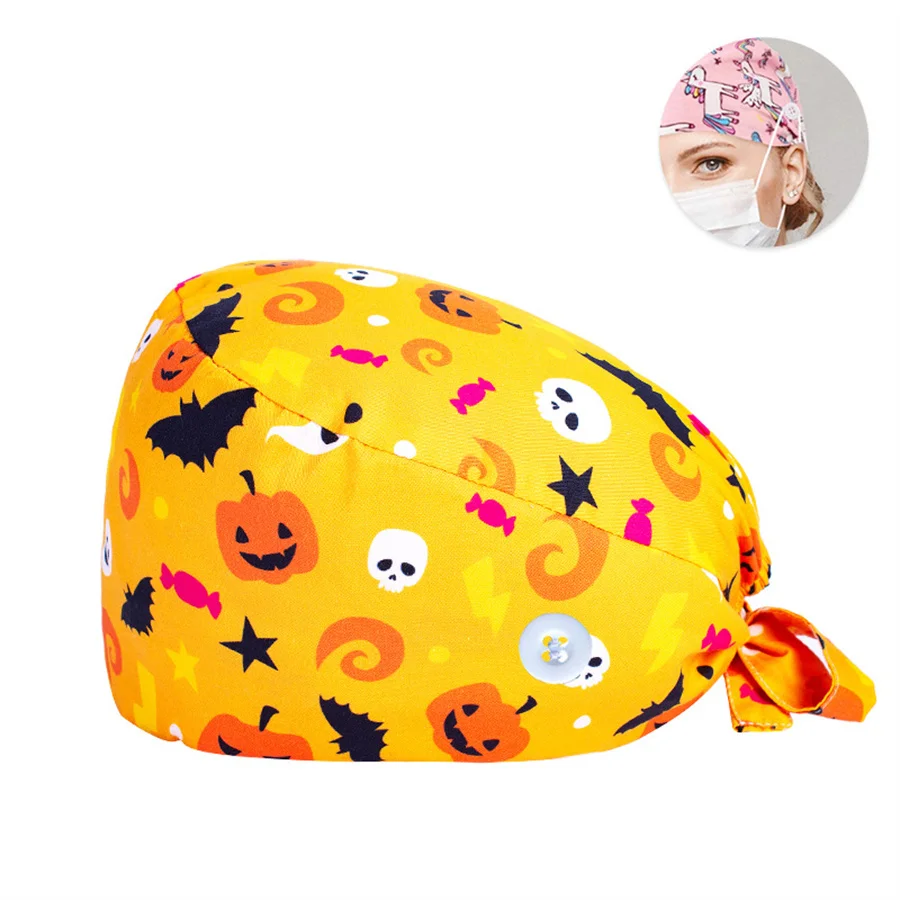 Fashionable Printed Cotton Work Cap - Elastic Nurse Turban Hat with Adjustable Button - Perfect for Surgical & Everyday Use