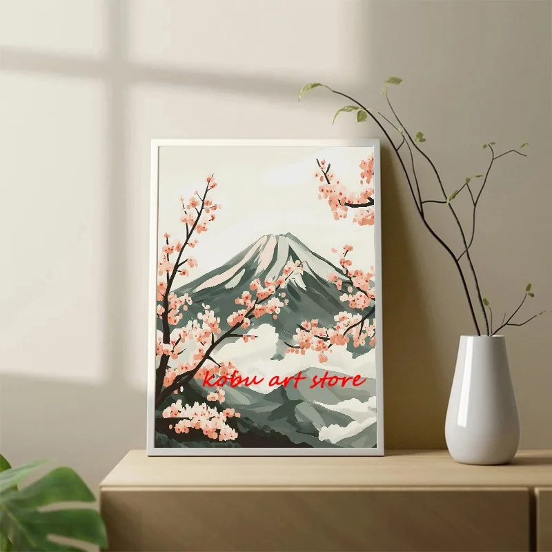 Japanese Cherry Blossom Mountain Lake Poster Print Pink Flower Landscape Canvas Painting Wall Art Picture for Room Home Decor