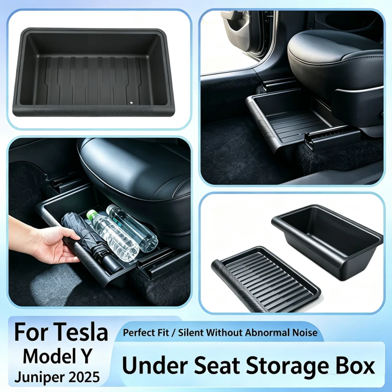 For Tesla Model Y Juniper 2025+Front Rear Under Seat Storage Box Case Car Seat Organizer Vehicle Underseat Drawer Tray Accessory