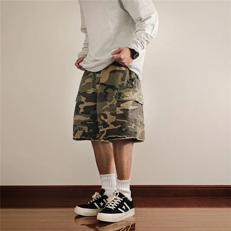 

Ретро-американские камуфляжные рабочие шорты с эффектом потертости, с множеством карманов, повседневные свободные мужские летние модные брюки-бермуды
