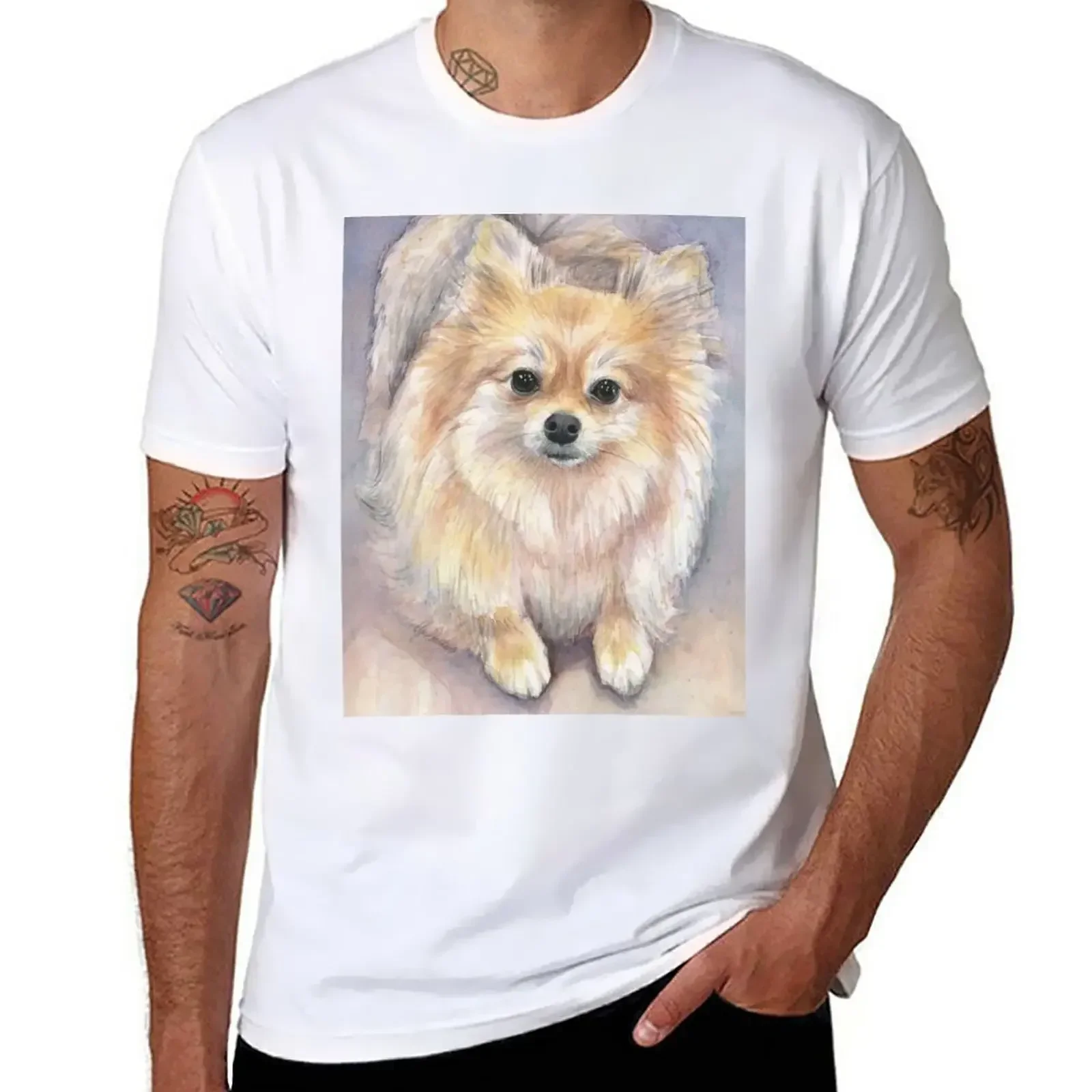 Pomeranian Watercolor Portrait T-Shirt vintage customs design your own summer top plain black t shirts men