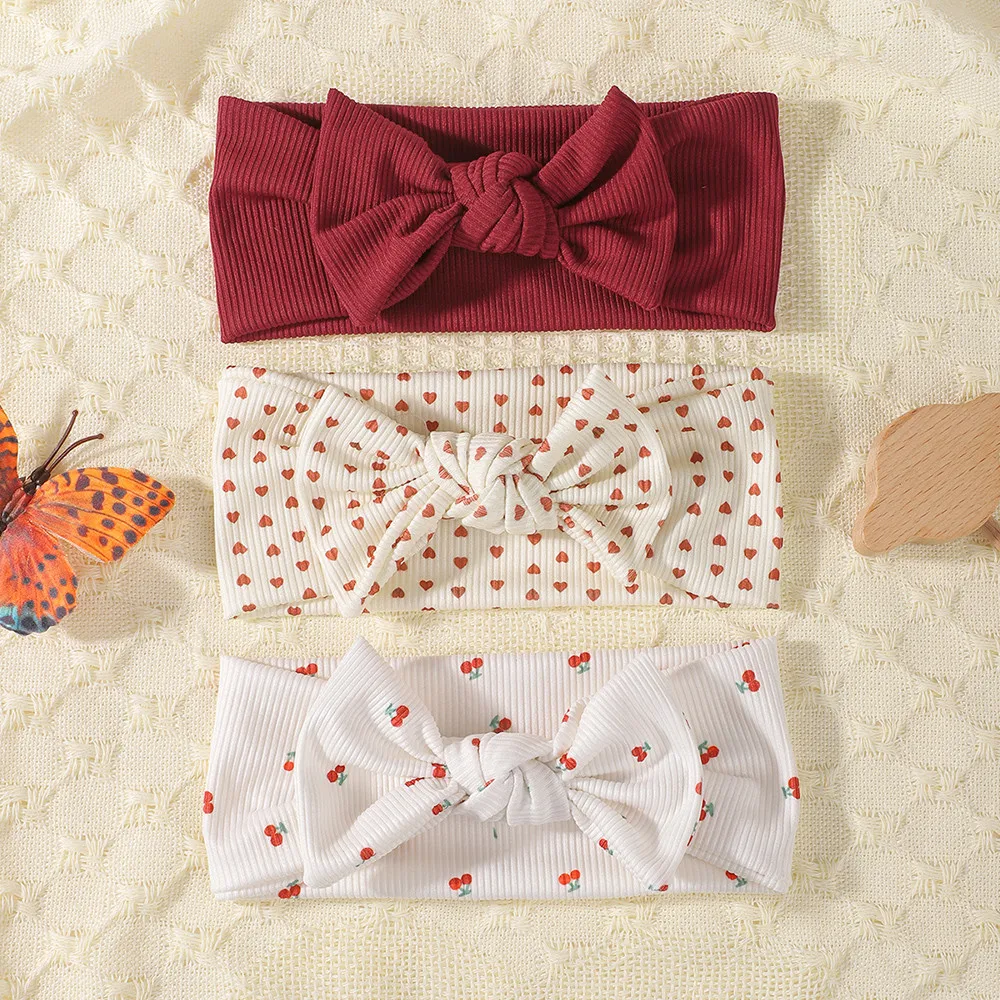 Juego de 3 diademas para bebé, turbante con lazo anudado, diademas acanaladas para recién nacido, estampado de cereza y corazón, accesorios para el cabello de bebé, pañuelo para la cabeza de niño pequeño