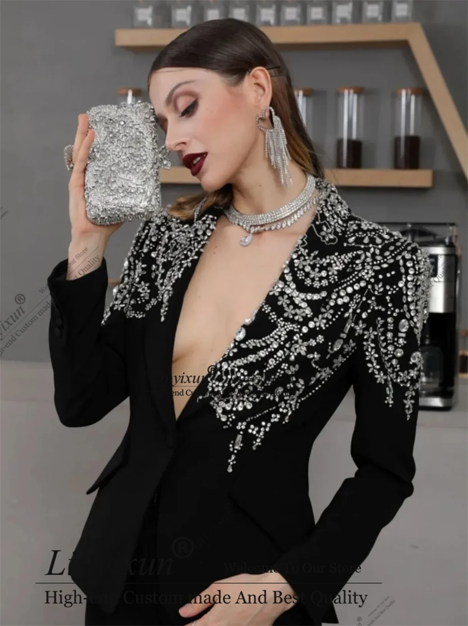 High-end style diamond suit set Customized Single Breasted Women Suits Banquet Party Tuxedo пиджак женский Slim
