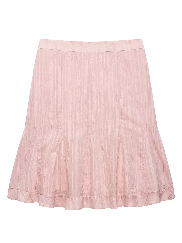 HH Women Summer Spring Elegant Light Pink Striped Skirt Summer Loose Breathable High Waist Flared Casual Mid-Length Skirt