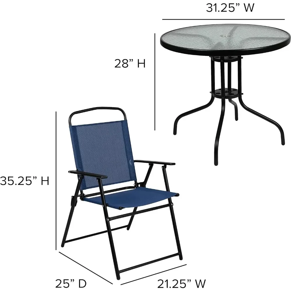 Patio Furniture Sets, 6 Piece Patio Garden Table Set - Umbrella Table - Set of 4 Navy Folding Chairs Outdoor Furniture Sets