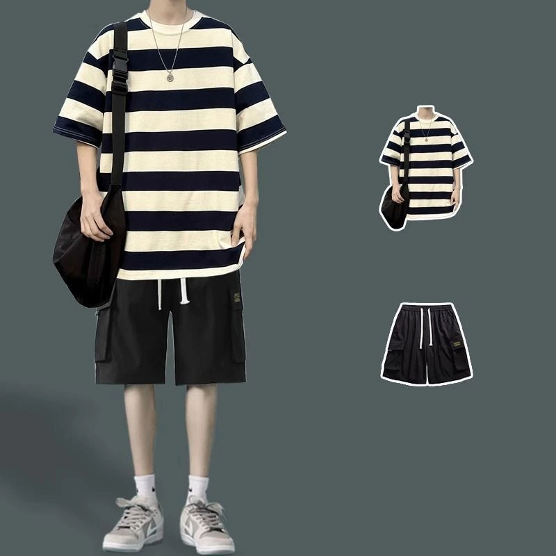 Summer Men's 2024 New Patchwork O-Neck Striped T-shirt with Work Pockets Fashion Solid Color Loose Shorts Versatile Casual Suit