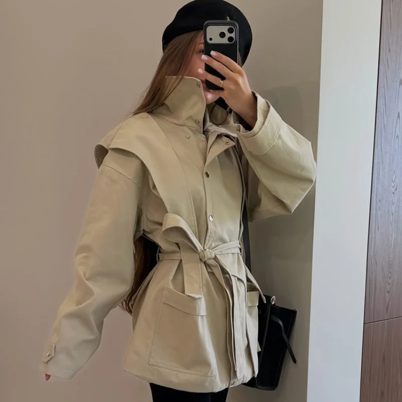 Elegant Women's Slim Trench Coat Stand Collar Zipper Button Irregular Waist Cinched Strap Puff Sleeve Jacket Autumn NEW Outfit