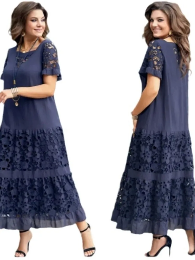Women Fashion Casual Short Sleeve Lace Patchwork Long Dress 2025 Summer Elegant Solid Office Maxi Dresses For Women Robe Femme