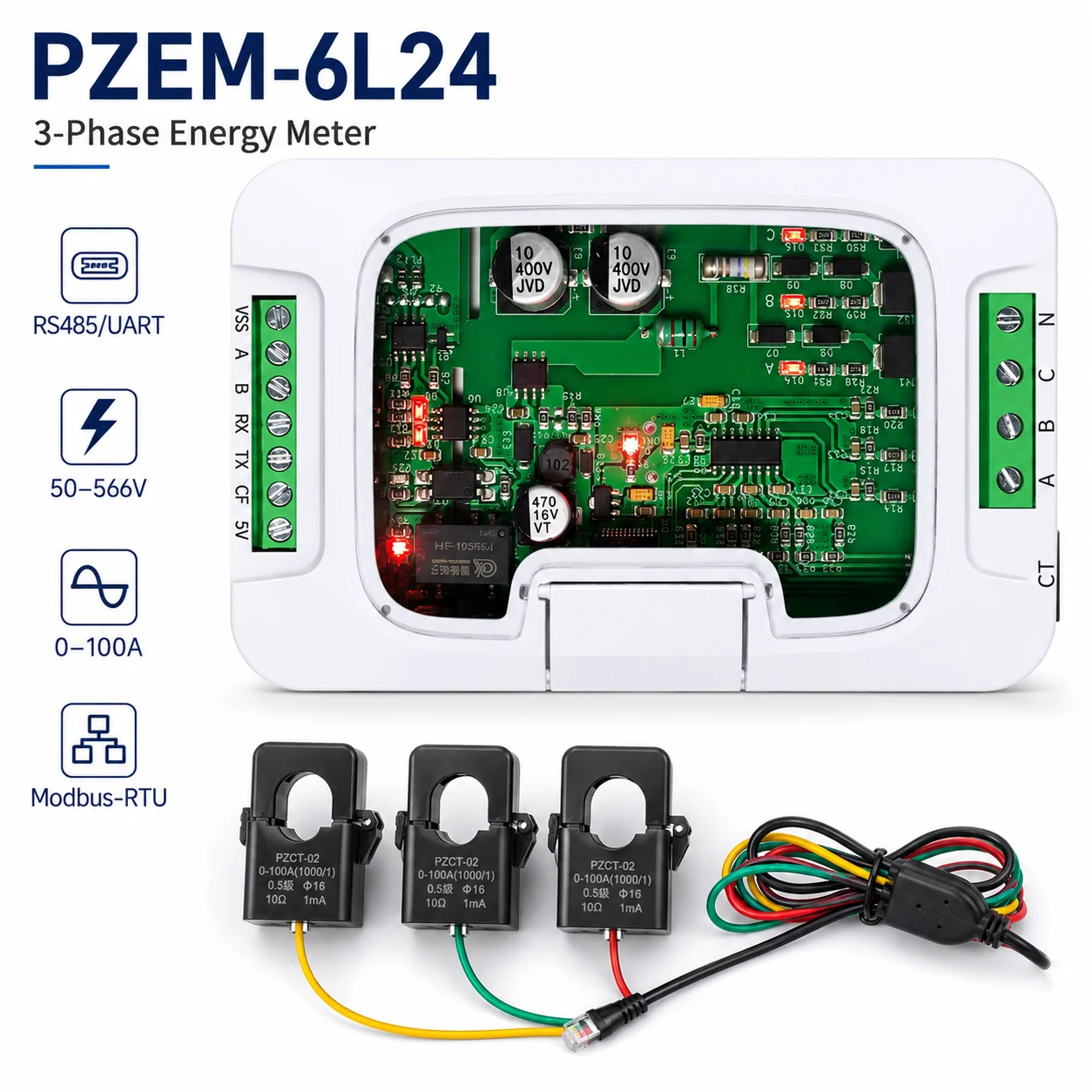 PZEM-6L24 For RS485RTU 380V100A Active/Reactive Energy And Voltage Monitoring Module For Electrical Equipment Tool Accessory