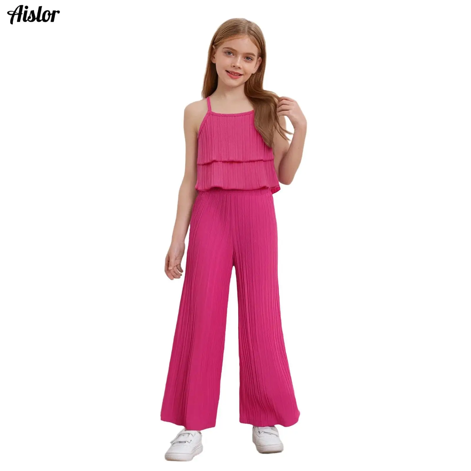 

Kids Girls Casual Clothing Outfit Summer Striped Texture Sleeveless Spaghetti Straps Ruffled Top with Wide-Leg Pants Beachwear