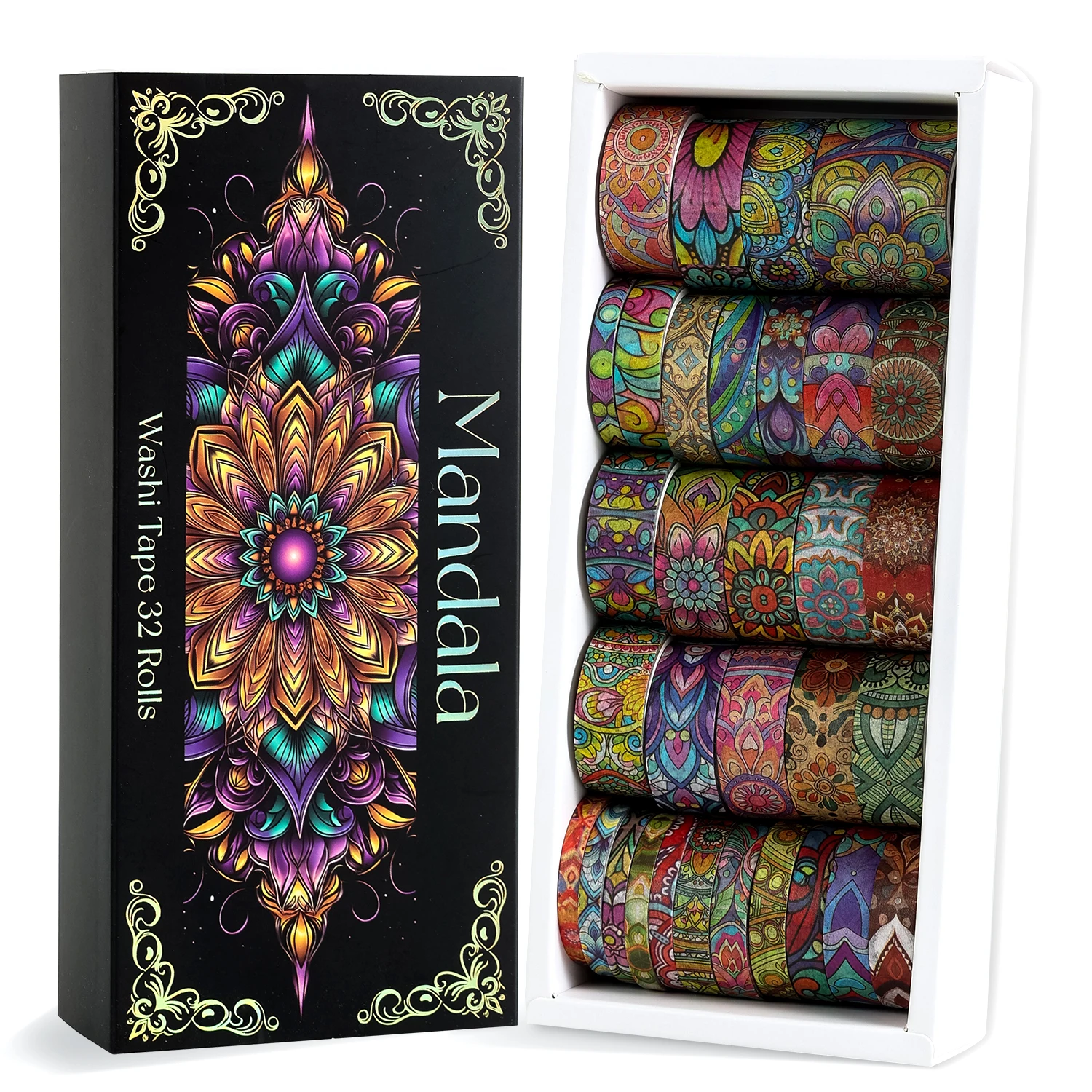 32 Rolls Mandala Washi Tape Set, Colorful Vintage Floral Pattern Tape for Journal Scrapbook DIY Craft Gift Wrapping