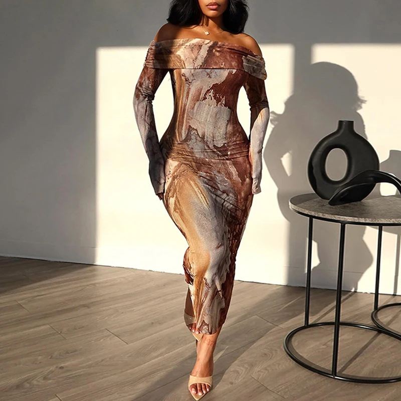 ربيع الخريف كم طويل مطبوعة المرأة Bodycon فستان قبالة الكتف مثير حفلة فستان طويل خمر عادية بسيطة الشارع الشهير رداء