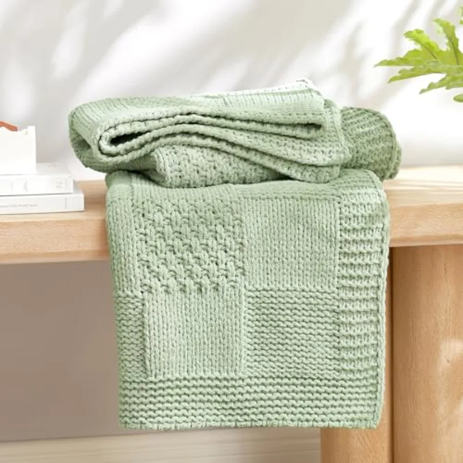 

Checkered Chenille Knit Throw Blanket for Couch Classic Texture Decorative Soft Blanket for Sofa Chair Bedroom 50x60 Sage Green