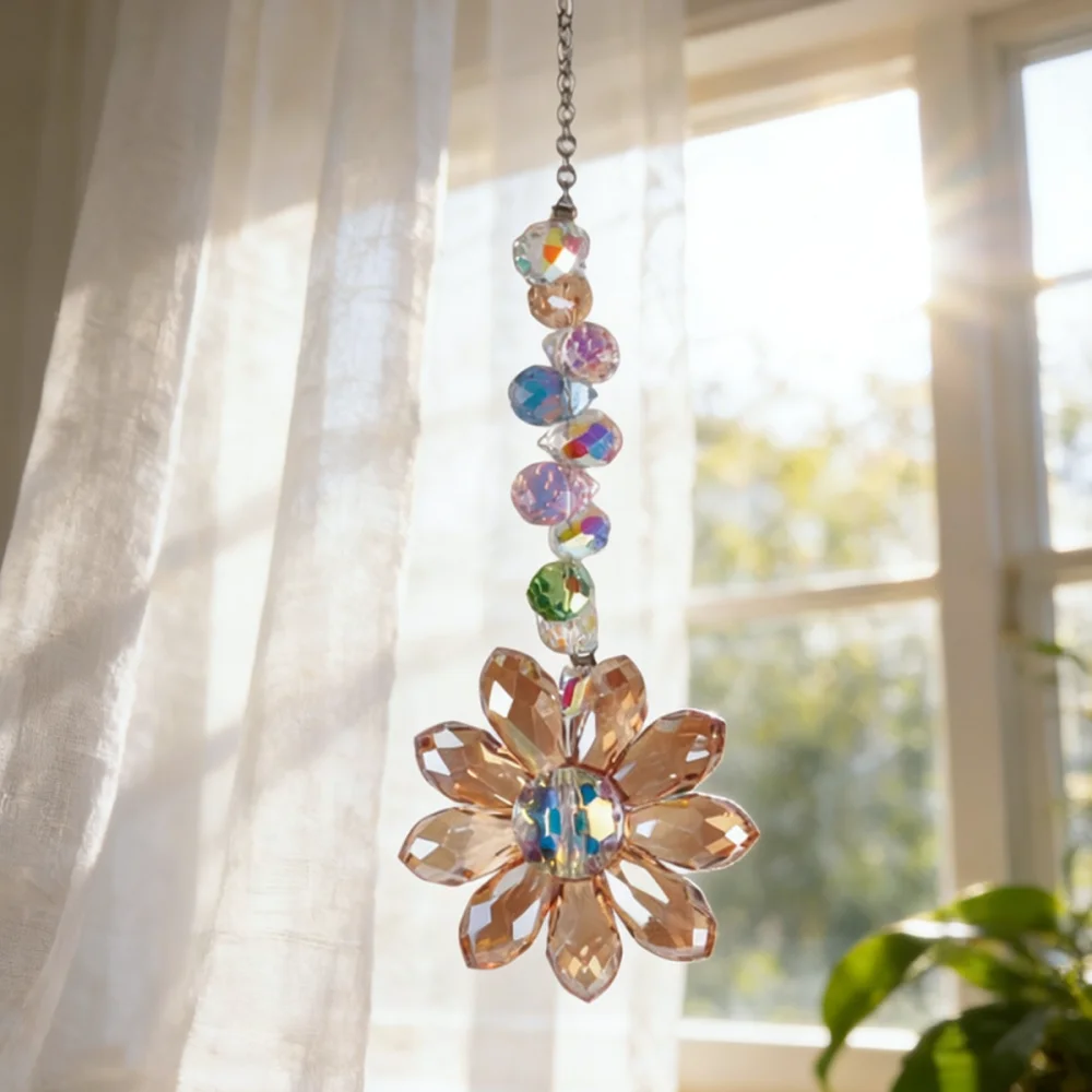 Elegant Flower Crystal Sun Catcher Hanging Pendant Rainbow Maker For Home Window Garden Art Decoration