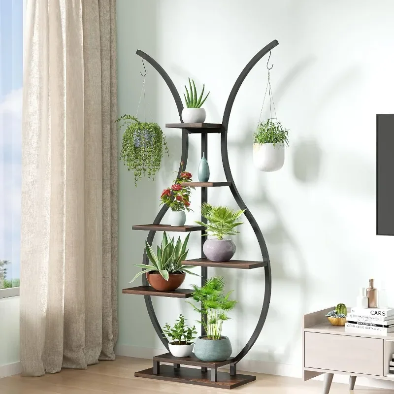 6 Tier Tall Plant Stand Indoor, Vase-Shape Metal Plant Shelf with Hanging Hook, Multiple Planter Display for Home Decor