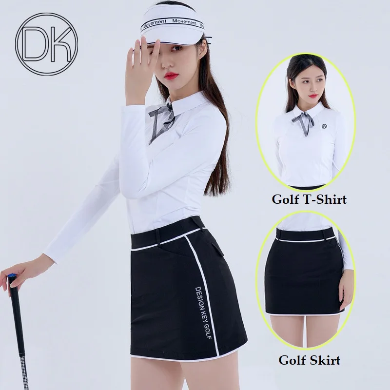 

Dk Women Golf Wear Fall Long Sleeve T-Shirt Zipper Collar Polo Shirt Ladies Slim Pencil Skirt A-Lined Short Golf Skort Suits