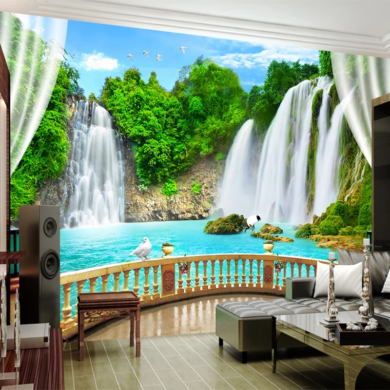 

Custom Wall Mural Painting Mountain Water Waterfall Stereoscopic Balcony Window Nature Landscape Large Murals 3D Photo Wallpaper