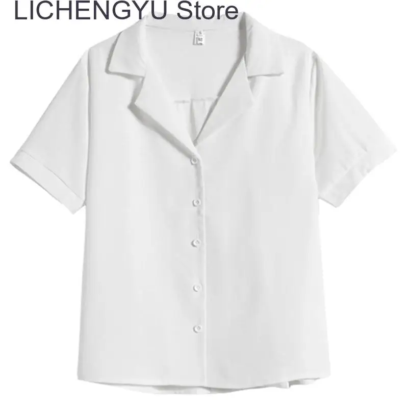 Blusa de gasa de manga corta para mujer, camisa blanca lisa con cuello en V, ropa informal coreana elegante para verano, novedad