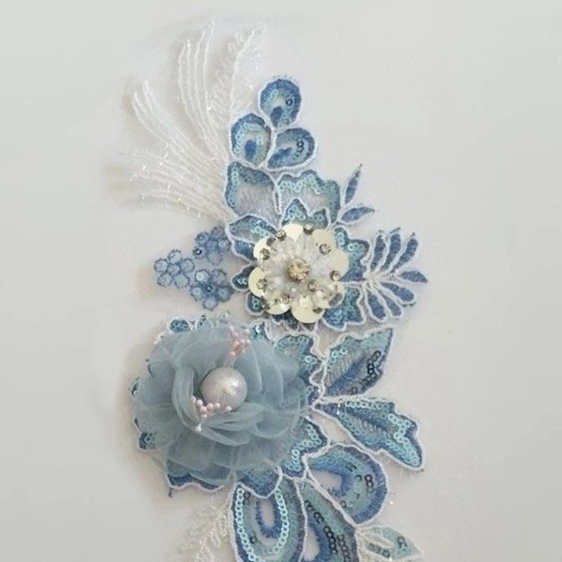 Q5WE Embroidery Pearl Sequins Collar Applique 3D Colorful Flower Sewing Trim Lace Neckline Fabric DIY Garment Accessories