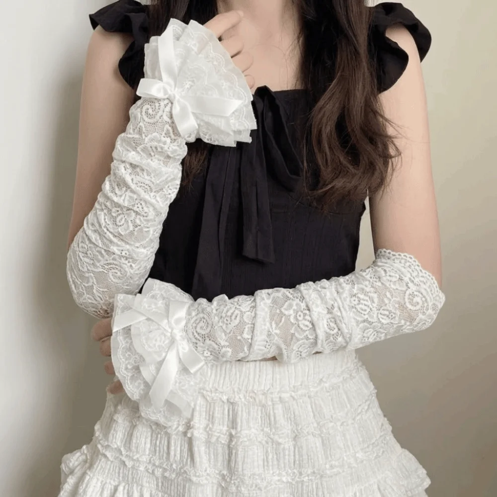 Breathable Bow Lace Sleeves Elastic Thin Sun Protection Sleeve Mesh Hollow Sunscreen Arm Sleeve Outdoor