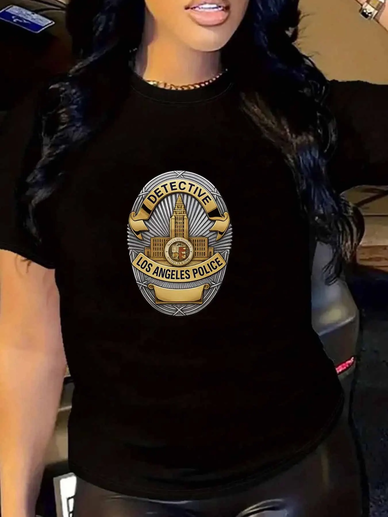 【WY1314456】تي شيرت نسائي بمقاس كبير ورقبة دائرية وأكمام قصيرة بنمط كرتوني مع نصف كم مرن ومطبوعات عصرية