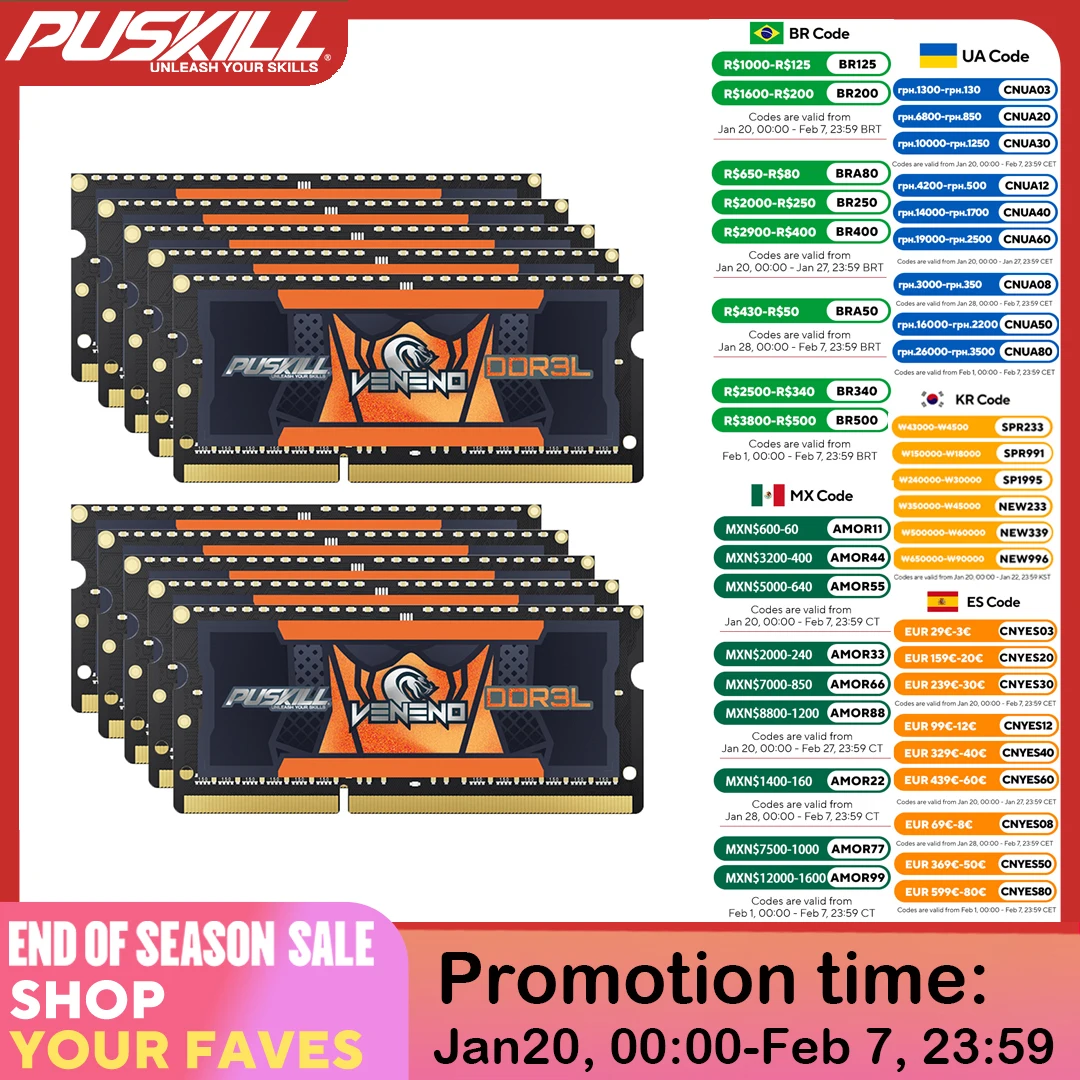 PUSKILL Laptop Memory Ram DDR3 DDR3L 204pin 4GB 2GB 8GB 1600MHz 1333MHz Notebook Memoria Wholesale