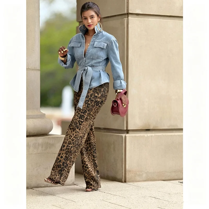 Damen Hellblaue Jeansjacke mit Revers, Mehreren Taschen, Bindegürtel und Taillierung, Kurze Jeansjacke, Lässige Streetwear, Langarm-Oberbekleidung – Detail 4