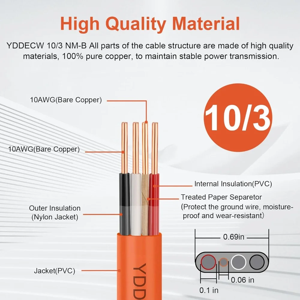 أدوات وتحسين المنزل 10 AWG 3 موصل NM-B كابل 50FT 10/3 مع سلك نحاسي أرضي نقي للاستخدام السكني الداخلي