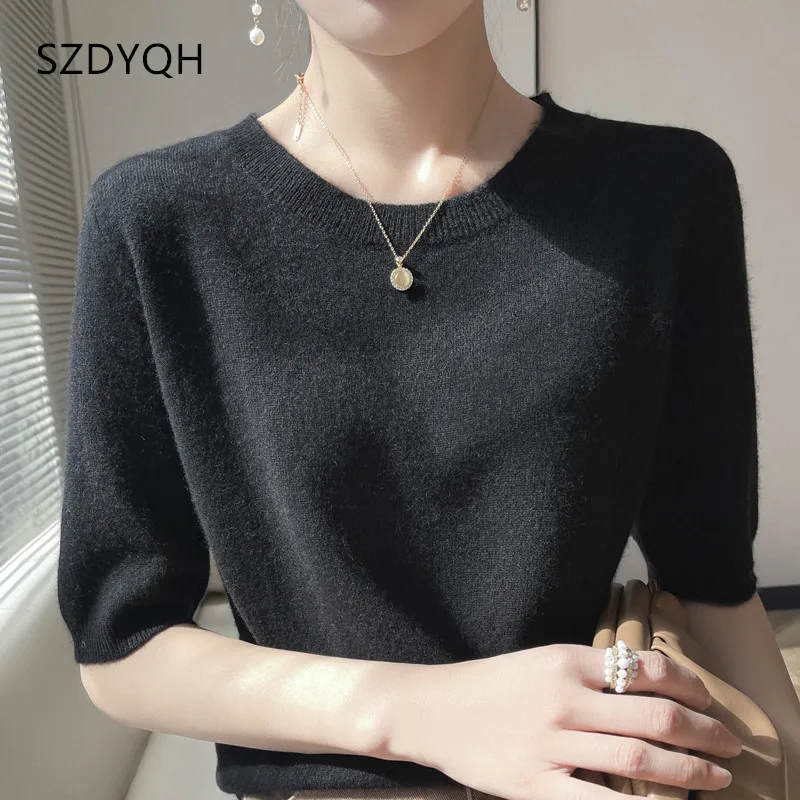 Women 100% Cashmere Sweater T-shirt 2023 New Short Sleeve Pullover Spring O-Neck Basic Jumper For Female Soft Shirt Girl Clothes