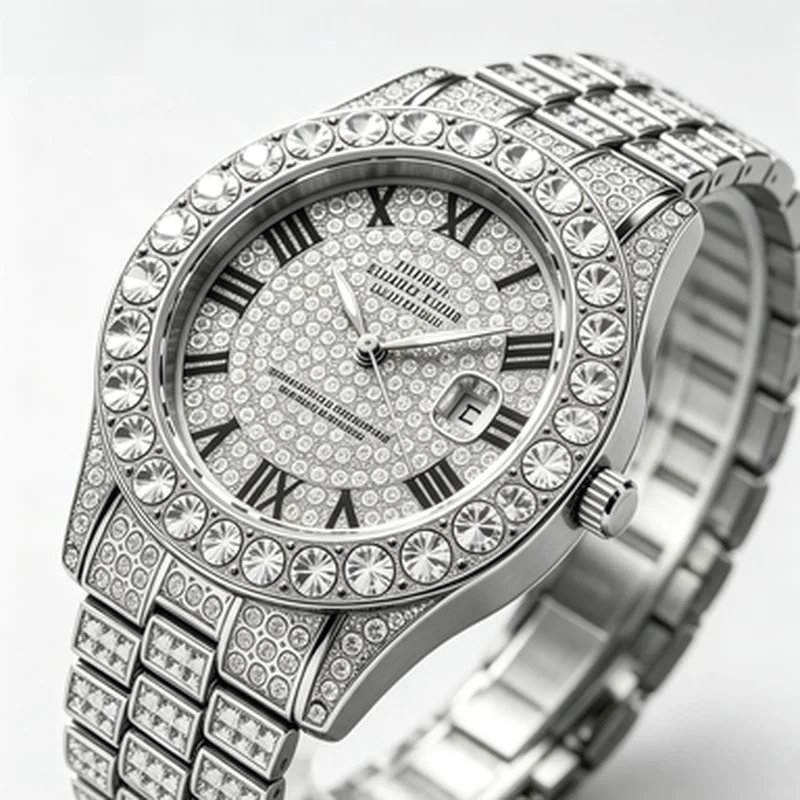 Hot‑Sale Sparkling Rhinestone‑Encrusted Gold Quartz Wristwatch Iced‑Out Calendar Jewelry Watch for Men Women Party Occasions