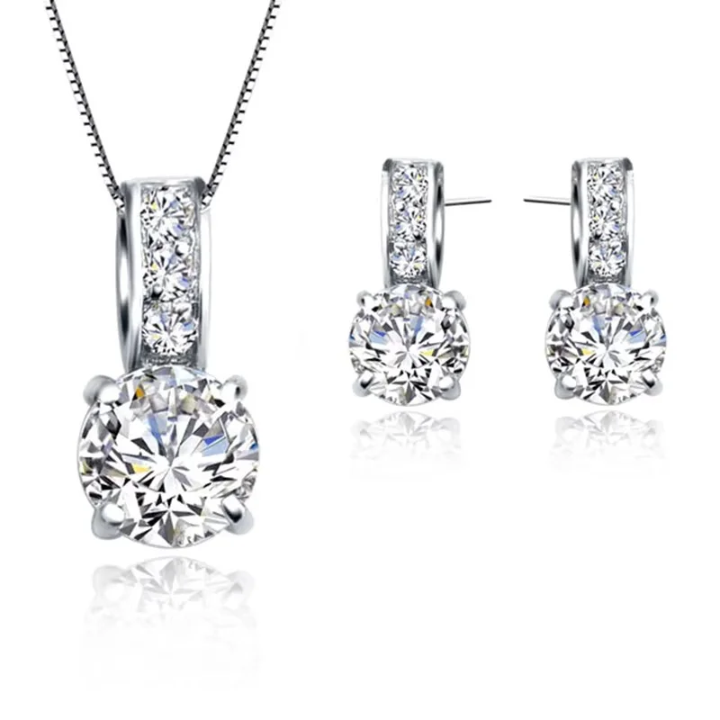 

925 Sterling Silver Color Bridal Jewelry Set Classic Cubic Zircon Crystal Pendant Necklace Stud Earrings for Women Girls Gift