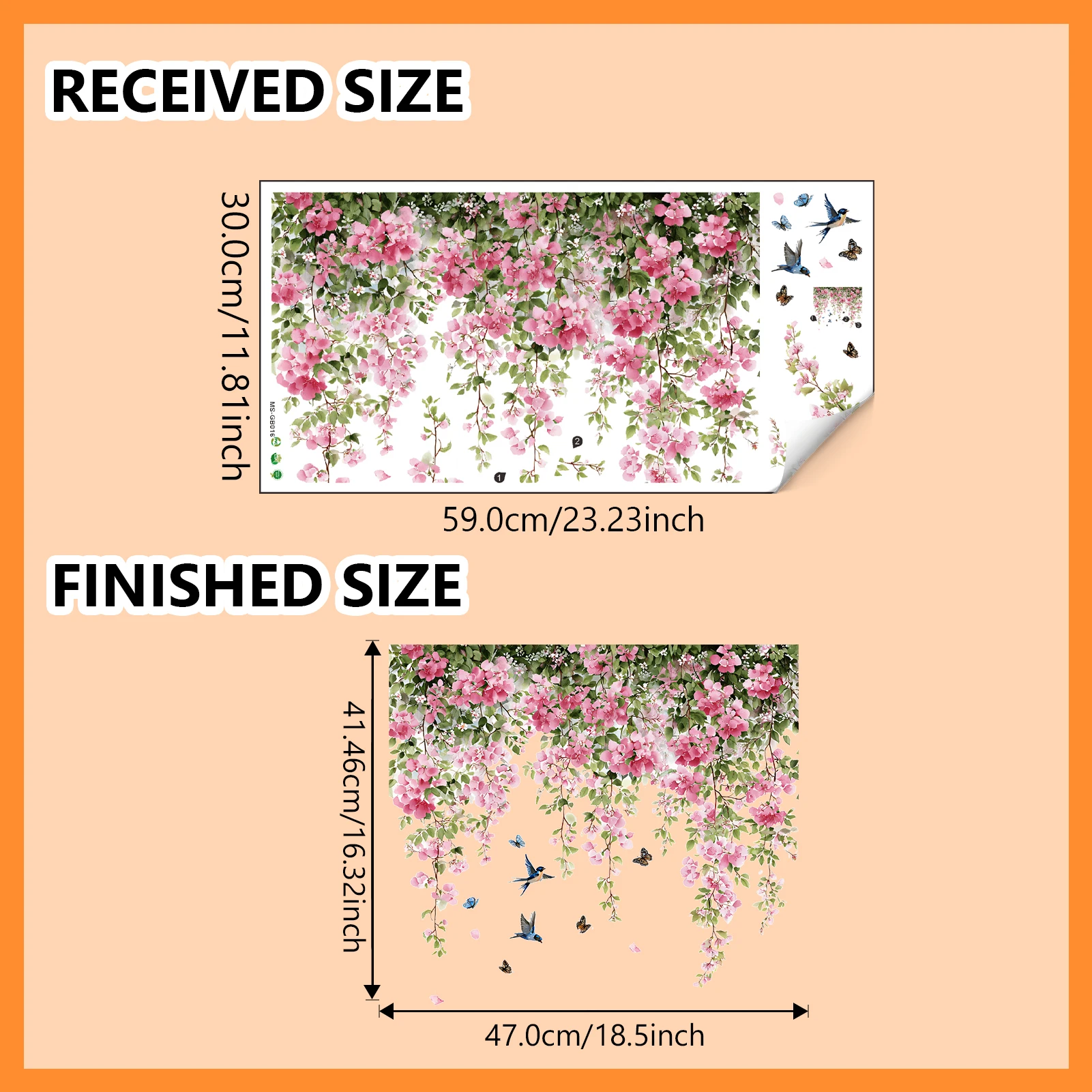 Aquarell-Wandtattoo mit Kirschblüten, Rosa Blumenranken mit Schmetterlingen & Schwalben, Vinyl-Wandaufkleber für Heimdekoration – Detail 4