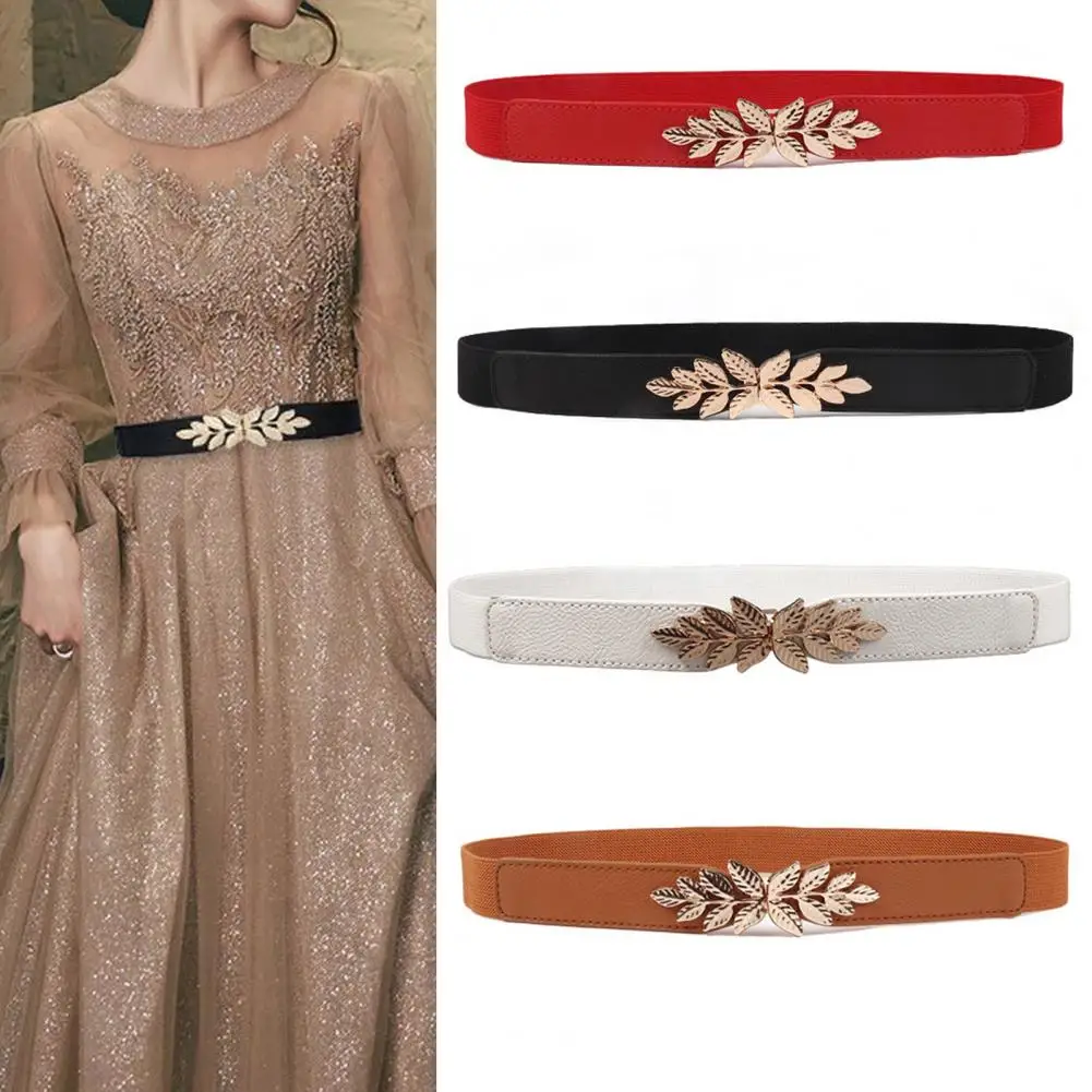 

Waist Belt Elastic Slim Decorative Stretchy Quick Release Tight Waist Black Golden Plated Leaf Buckle Women Dress Waistband