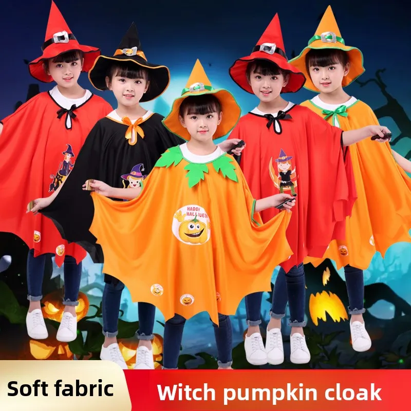 loween Witch Costume Cloak Children's Par Magicician Festival Gathering Cosplay Outfit Fem Witch Pumpkin Design