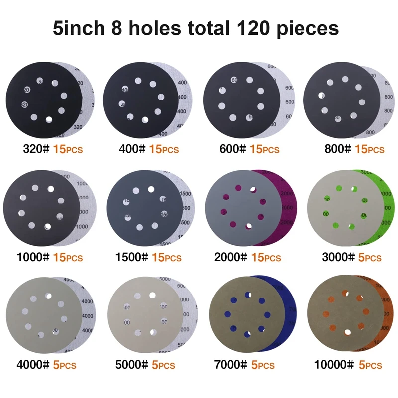 5Inch Sanding Disc Hook And Loop Sandpaper 320 400 600 800 1000 1500 2000 3000 4000 500 7000 1000 With Interface Pad