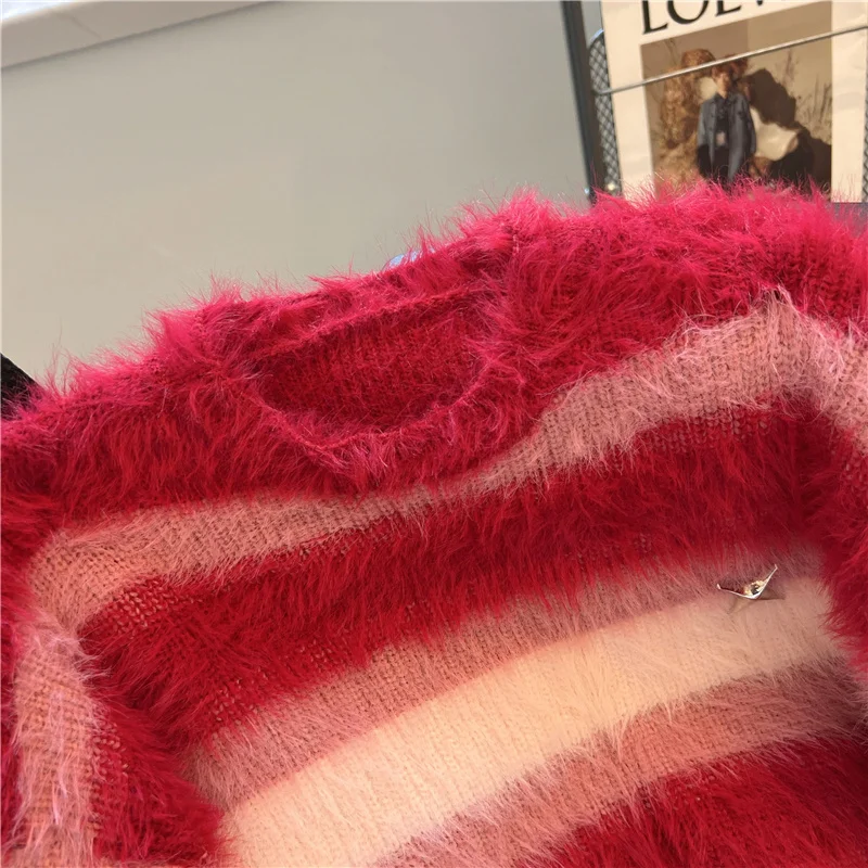 Y2k Aesthetic Red Mohair Soft Women Sweater Striped Grunge Autumn Harajuku Loose Pull Femme All Match Japanese Sueter Mujer