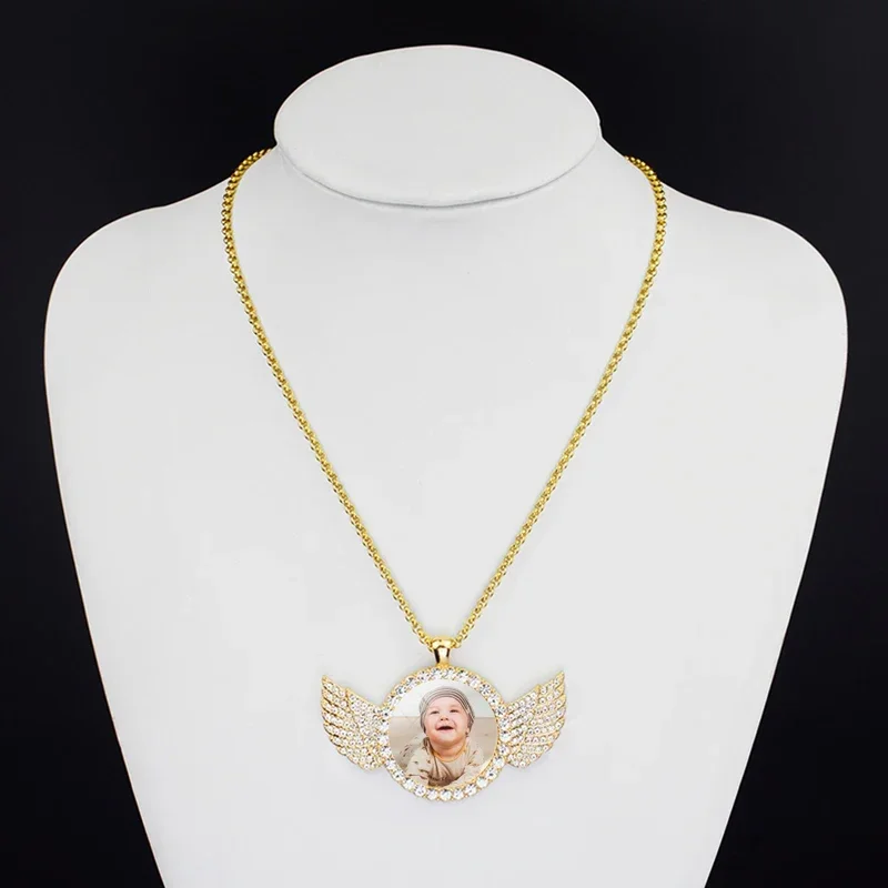 Pingente personalizado de asas de anjo com foto de bebê, corrente longa, strass, colar, cúpula de vidro personalizada, imagem, joias personalizadas