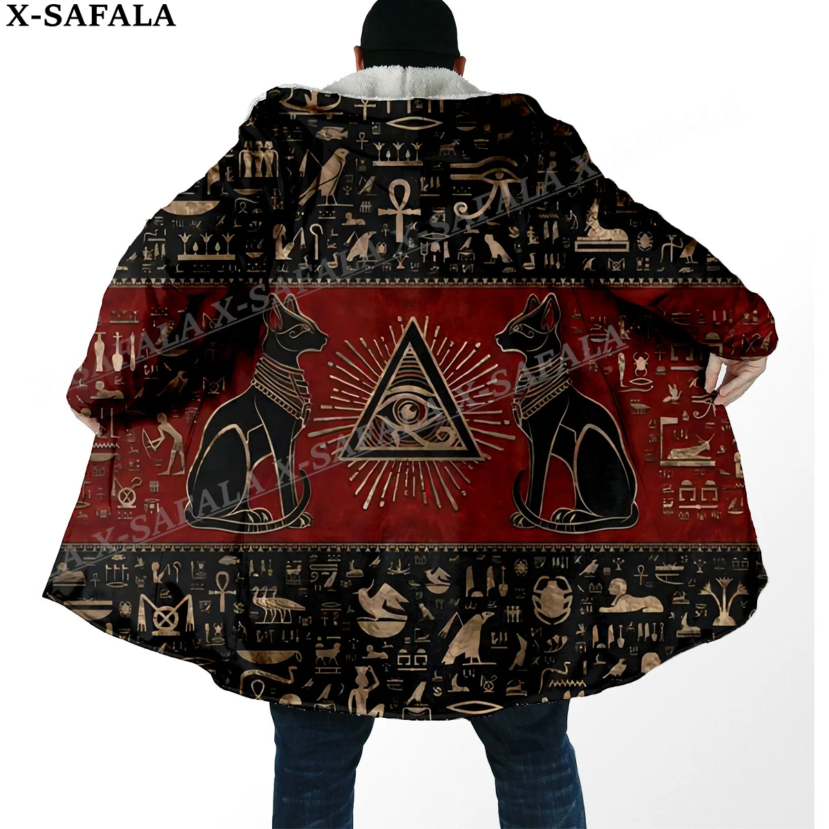 Pharaoh Ancient Egyptian Cat Print Thick Warm Hooded Cloak Men Overcoat Coat Windproof Fleece Cape Robe Hooded Blanket-2