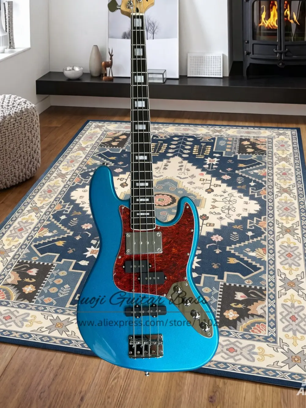 Classic 4 string metal blue bass guitar fixed bridge, solid wood body,maple neck,Steel shell pickup,chrome tuners,Customization