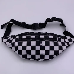 Black White Checkered Waist Bag for Women New Fashionable Crossbody Bag Double Zipper Canvas Chest Bag